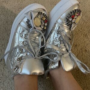 metallic silver chunky gem high top sneakers about 7.5